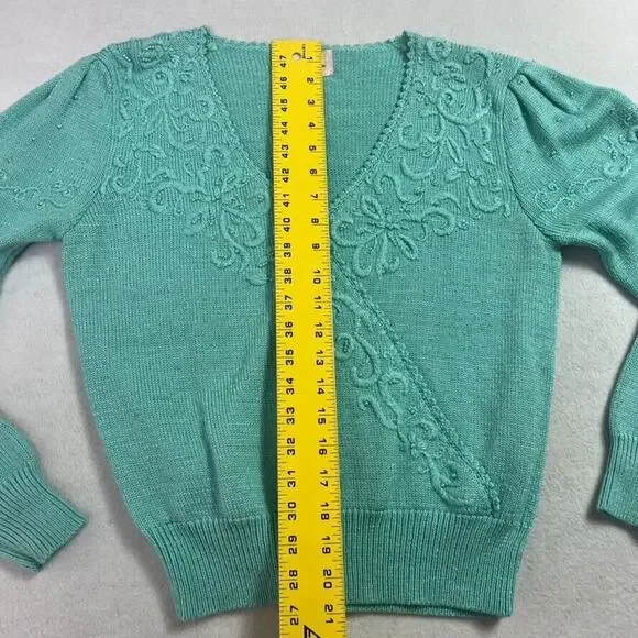 Jaclyn Smith Sweater Womens S Embroidered Turquoise Knit V-Neck Sweater Vintage - Picture 8 of 10
